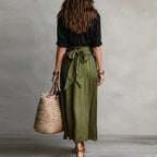 Conjunto dos piezas mujer lino blusa abotonada falda midi amplia cintura anudada bolsillos casual chic vacaciones diario – Jeanélie