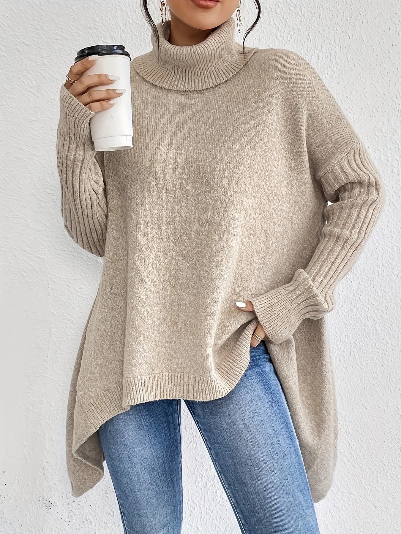 Oversize Kaschmirpullover mit Rollkragen für Damen, weit geschnitten, warm, weich, lässig gestrickt, komfortabel für den Winter – Ella