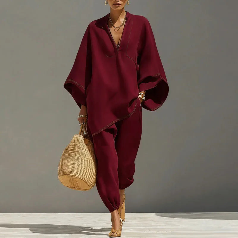 Dames tweedelig set van linnen, vloeiende top met vleermuismouwen, taps toelopende broek, casual chic, avond, vakantie – Cordélia