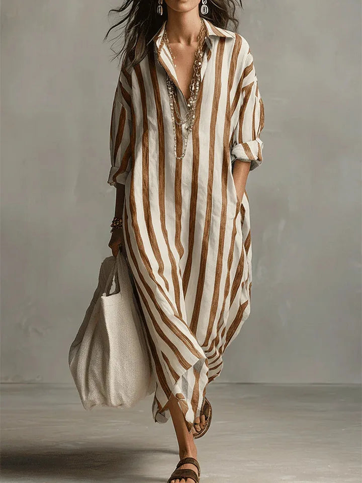Robe Midi Chemise Femme Lin Rayé Col V Manches Trois-Quarts Ample Casual Chic Vacances Plage Week-End – Amarise