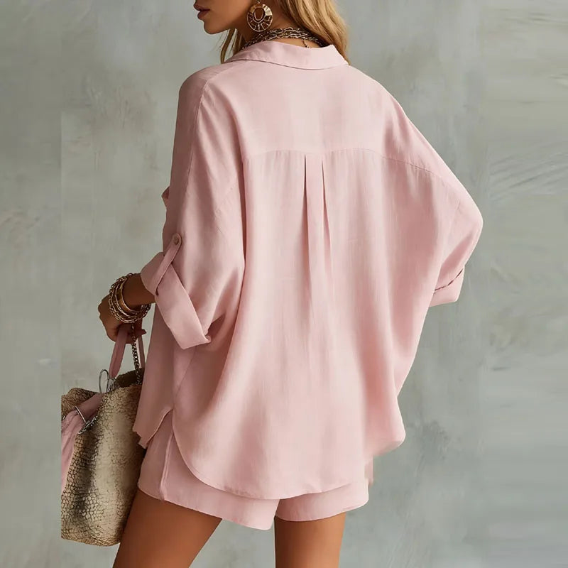 Zweiteiliges Damenensemble Leinen Baumwolle Oversize-Hemd mit umgeschlagenem Kragen Passende Shorts Casual Chic Strand Urlaub Sommer – Orlinda