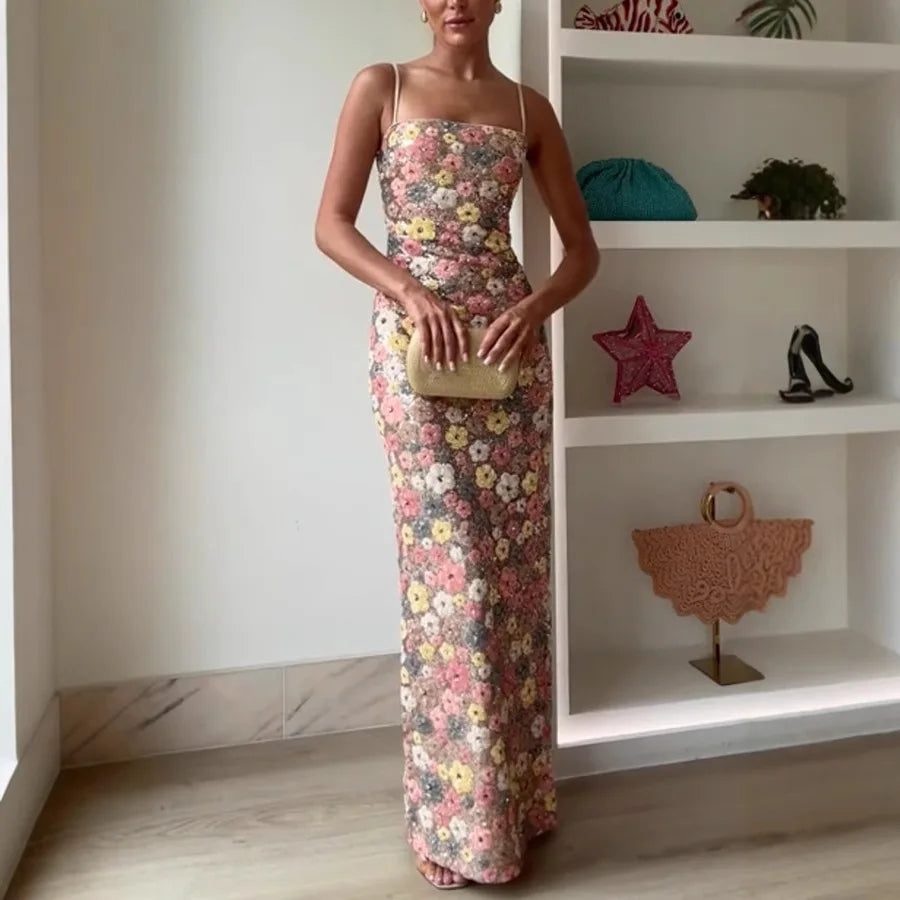Vestido Mujer Largo Lentejuelas Flores Patchwork Sin Mangas Tirantes Bodycon Fiesta Formal Gala Cóctel Noche de Cita Boda Invitada Alfombra Roja – Aurelia
