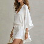 Dames driedelig set van linnen-katoen, top met V-hals, mouwloos, short met koord, kimono, casual chic, strand, vakantie – Claudine