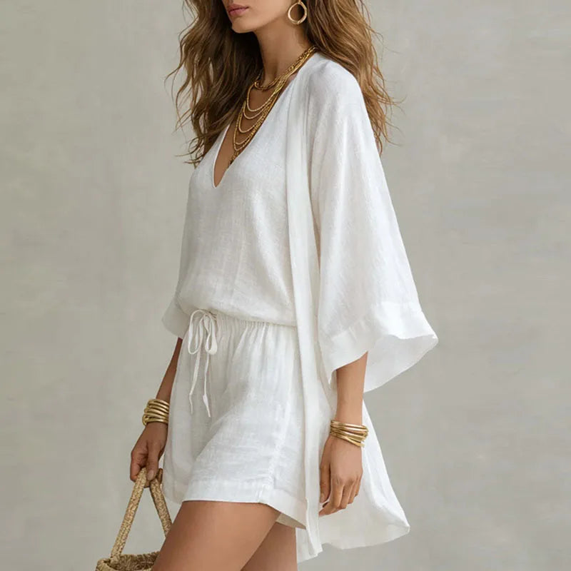 Completo tre pezzi donna lino cotone top collo a V senza maniche pantaloncini con coulisse kimono casual chic spiaggia vacanze – Claudine