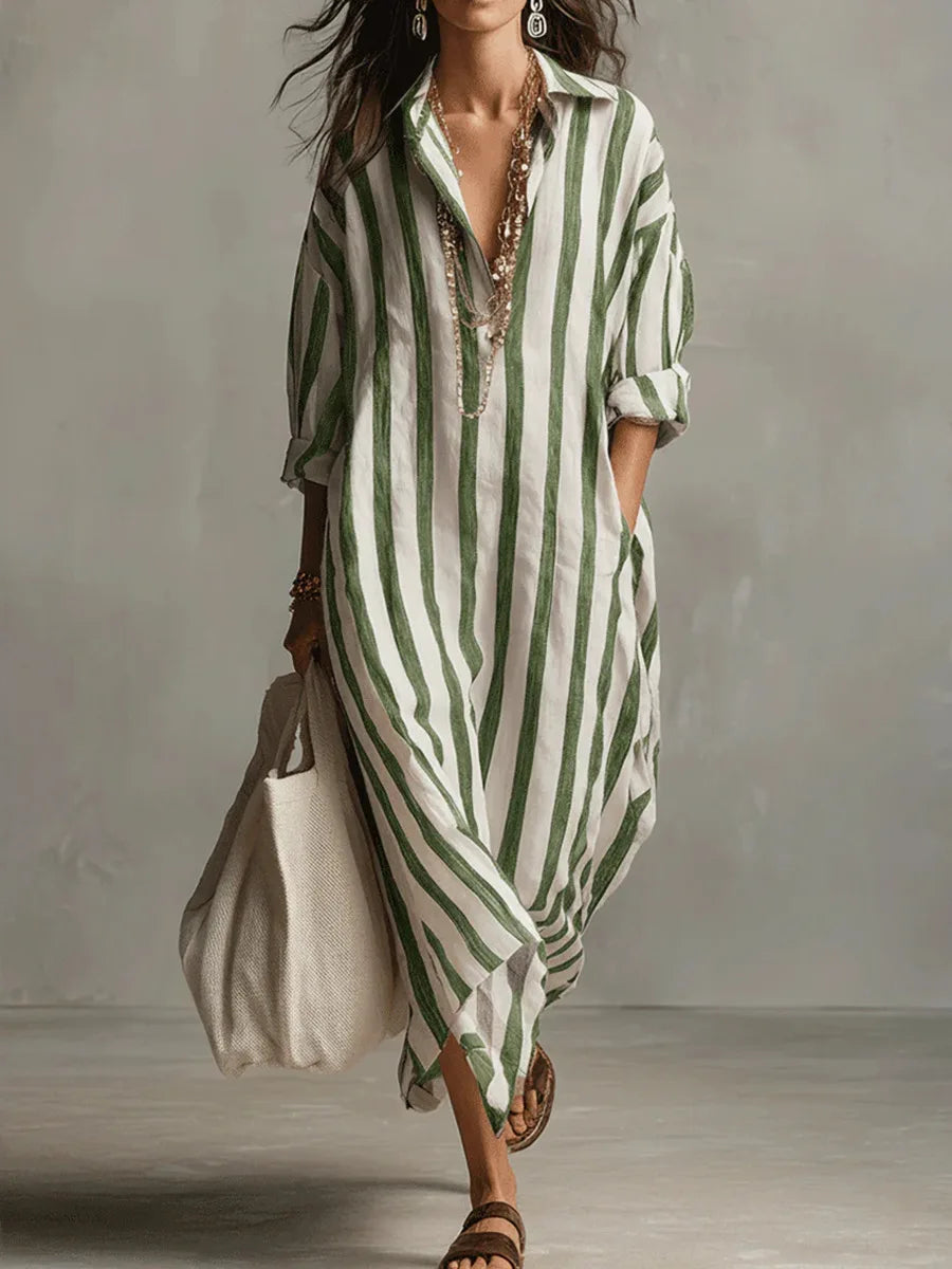 Robe Midi Chemise Femme Lin Rayé Col V Manches Trois-Quarts Ample Casual Chic Vacances Plage Week-End – Amarise
