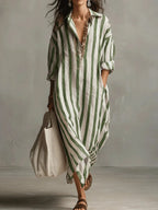 Robe Midi Chemise Femme Lin Rayé Col V Manches Trois-Quarts Ample Casual Chic Vacances Plage Week-End – Amarise