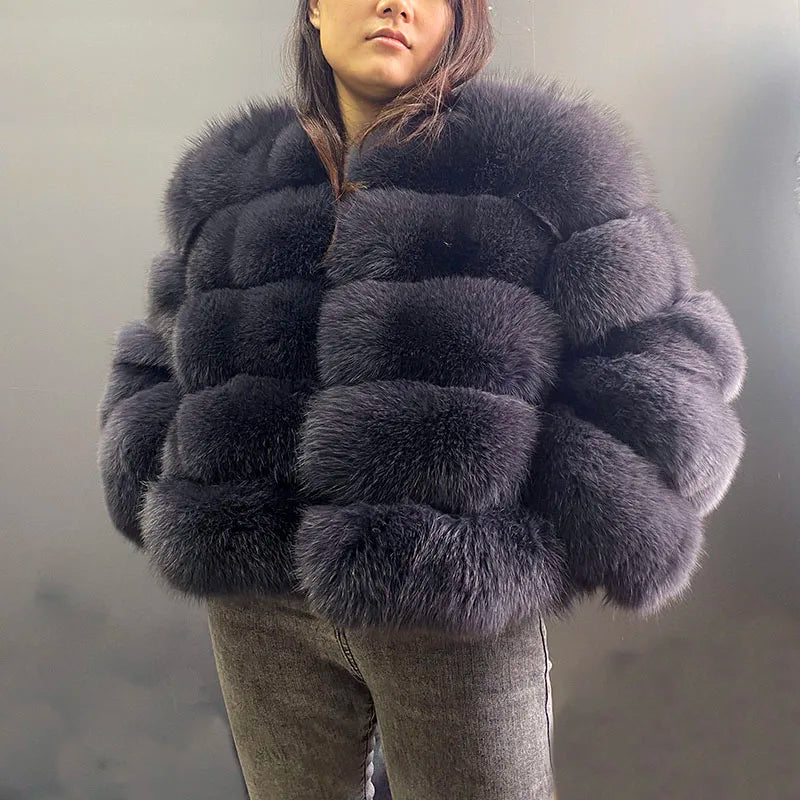 Manteau Fourrure Femme à Bandes Horizontales et Col Montant