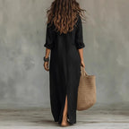 Robe Longue Chemise Femme Coton Fluide Col Rabattu Manches Trois-Quarts Ample Casual Chic Vacances Quotidien – Agnoline