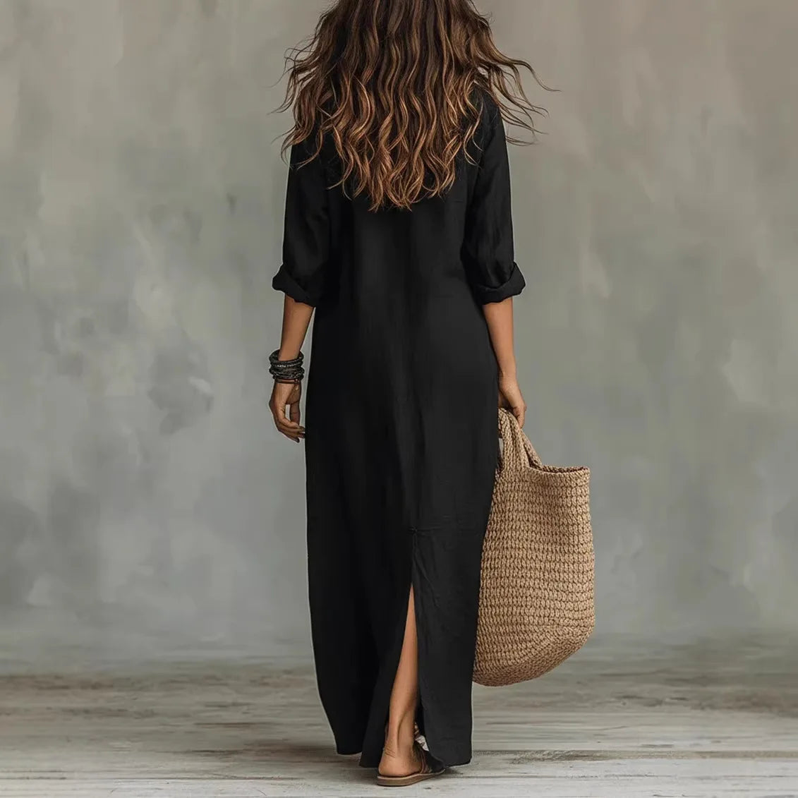 Robe Longue Chemise Femme Coton Fluide Col Rabattu Manches Trois-Quarts Ample Casual Chic Vacances Quotidien – Agnoline