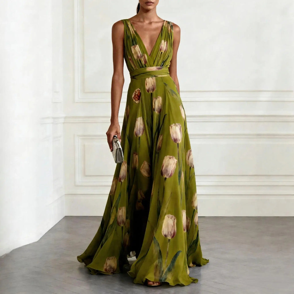Robe Longue Femme Col V Profond Sans Manches Drapée Chiffon Imprimé Floral Mariage Soirée Garden Party Bal – Tulipane
