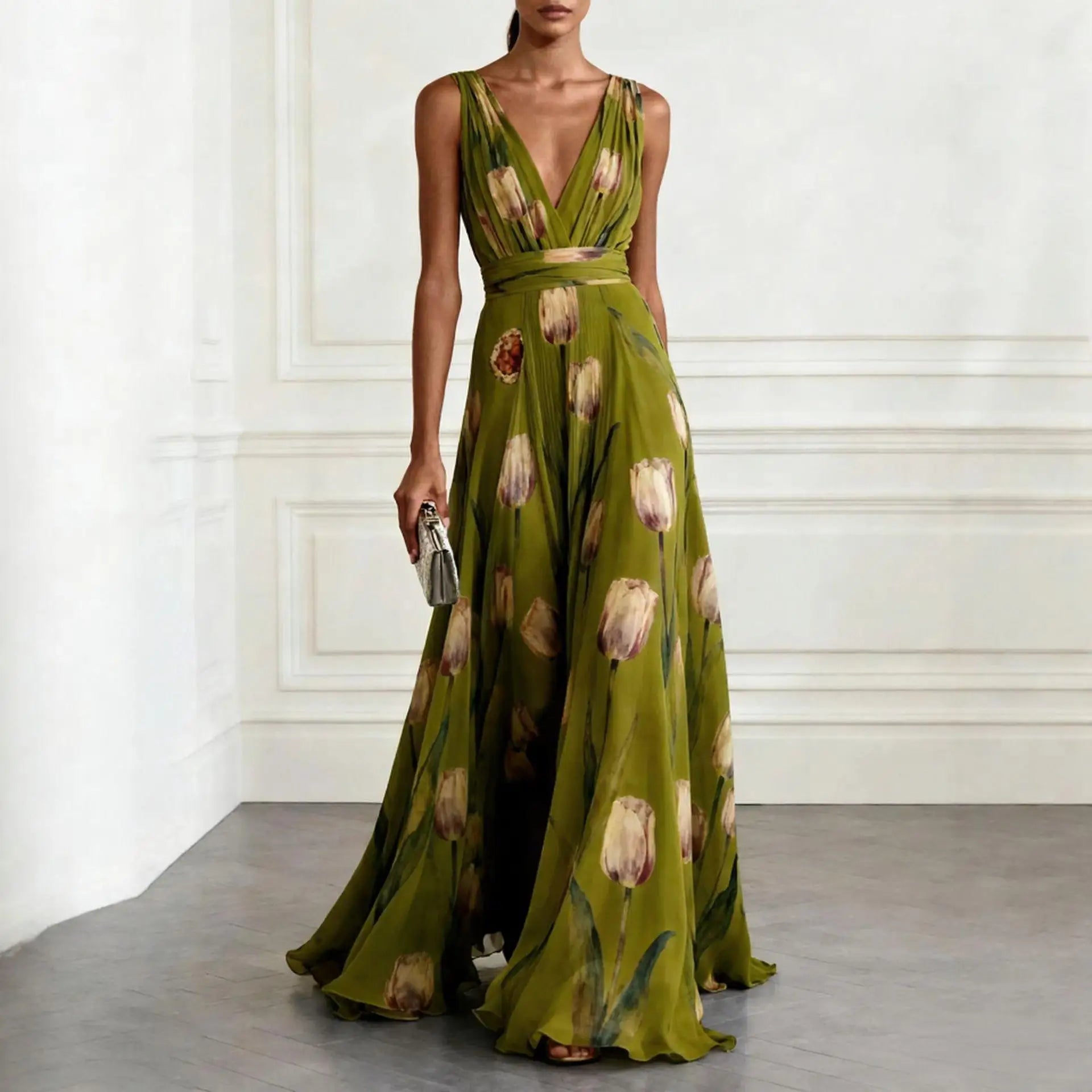 Robe Longue Femme Col V Profond Sans Manches Drapée Chiffon Imprimé Floral Mariage Soirée Garden Party Bal – Tulipane