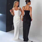 Robe Longue Dress Slim Bretelles Larges Lacet Dos Décolleté Carré Fibre Synthétique Femme Élégante Mariage Soirée Cocktail Formelle – Lacine