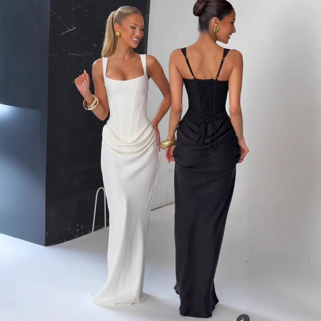 Robe Longue Dress Slim Bretelles Larges Lacet Dos Décolleté Carré Fibre Synthétique Femme Élégante Mariage Soirée Cocktail Formelle – Lacine