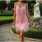 Robe Mini Élégante en Sequins avec Plumes Roses à Bretelles Spaghetti pour Soirée Cocktail