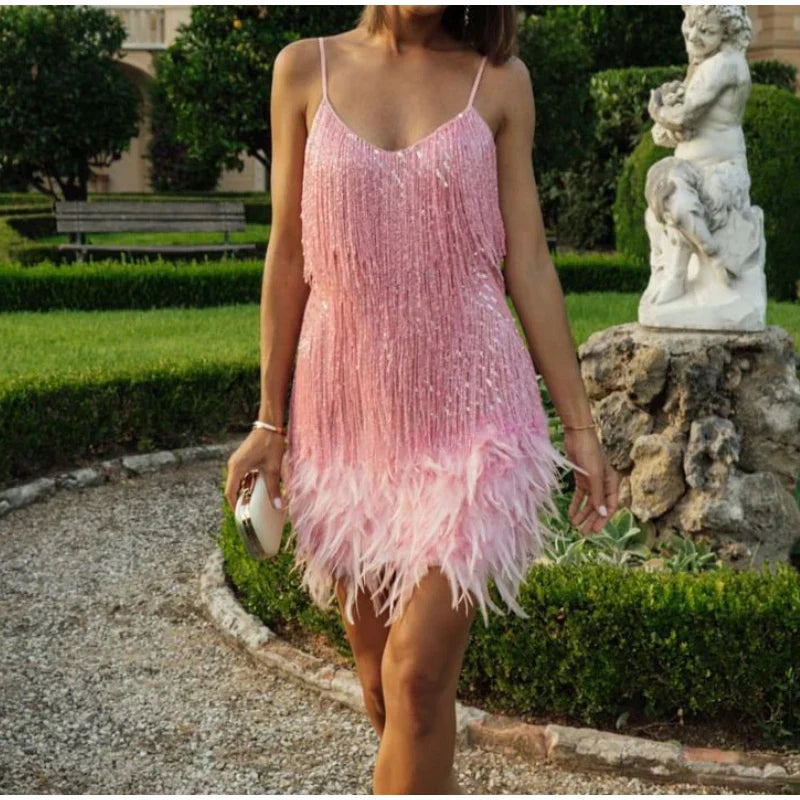 Robe Mini Élégante en Sequins avec Plumes Roses à Bretelles Spaghetti pour Soirée Cocktail