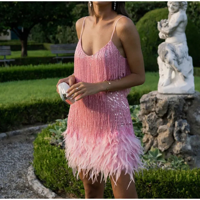 Robe Mini Élégante en Sequins avec Plumes Roses à Bretelles Spaghetti pour Soirée Cocktail