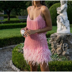 Robe Mini Élégante en Sequins avec Plumes Roses à Bretelles Spaghetti pour Soirée Cocktail