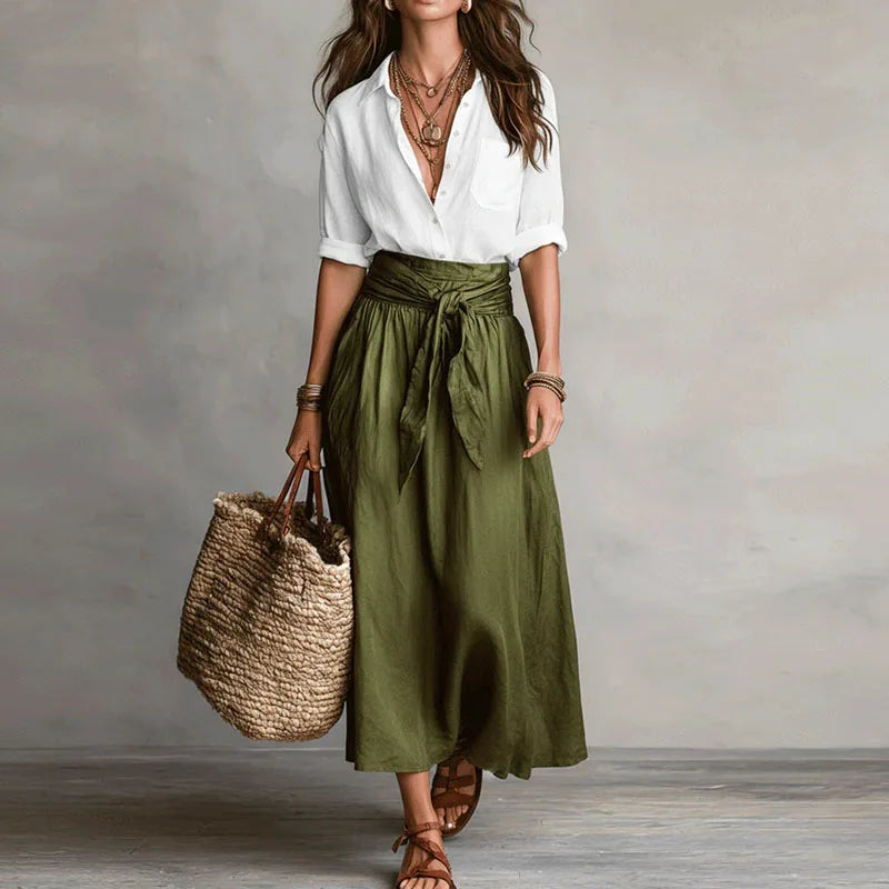 Conjunto dos piezas mujer lino blusa abotonada falda midi amplia cintura anudada bolsillos casual chic vacaciones diario – Jeanélie