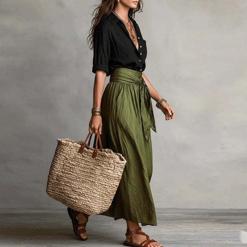 Conjunto dos piezas mujer lino blusa abotonada falda midi amplia cintura anudada bolsillos casual chic vacaciones diario – Jeanélie