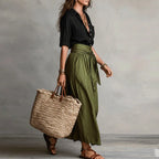 Conjunto dos piezas mujer lino blusa abotonada falda midi amplia cintura anudada bolsillos casual chic vacaciones diario – Jeanélie