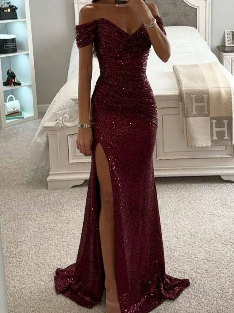 Robe de Soirée Élégante Longue à Épaules Dégagées en Sequins avec Fente – Wensilian