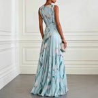Robe Longue Femme Col V Profond Sans Manches Drapée Chiffon Imprimé Floral Mariage Soirée Garden Party Bal – Tulipane