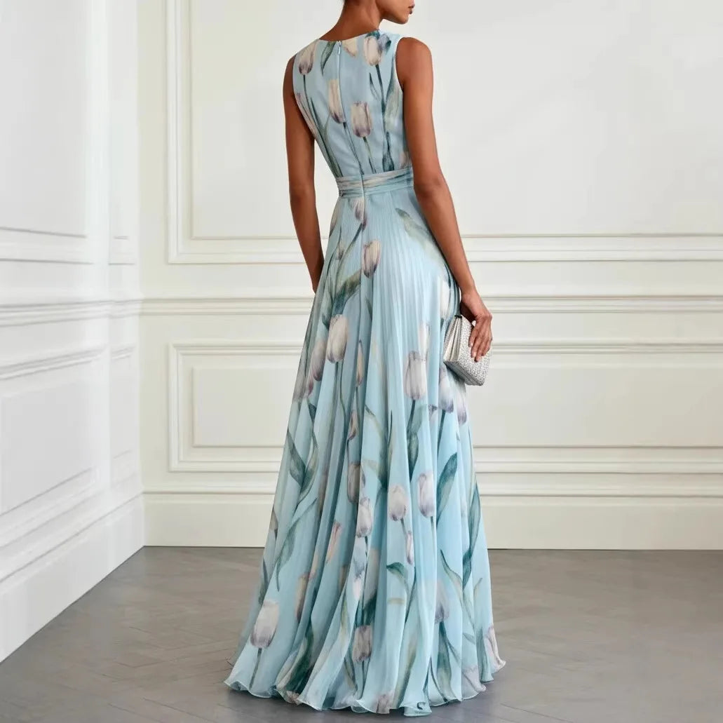 Robe Longue Femme Col V Profond Sans Manches Drapée Chiffon Imprimé Floral Mariage Soirée Garden Party Bal – Tulipane
