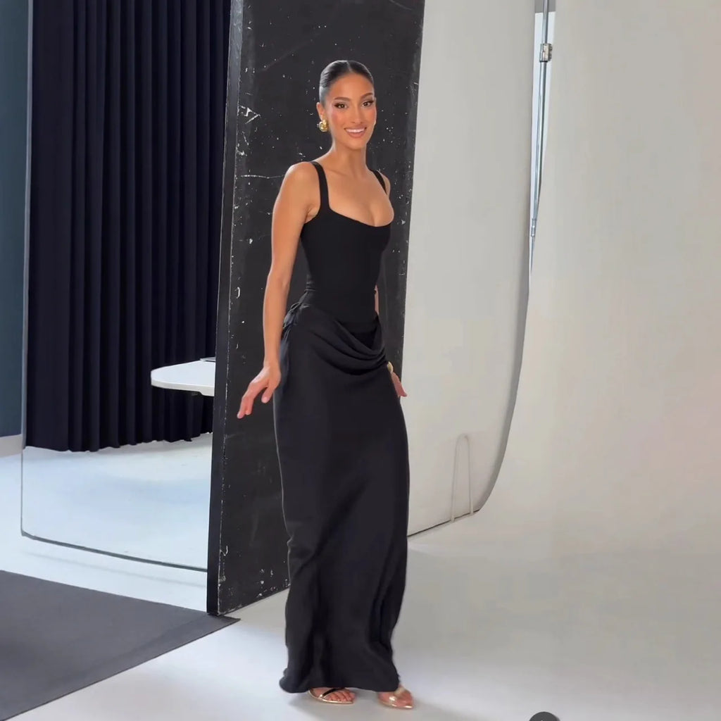 Robe Longue Dress Slim Bretelles Larges Lacet Dos Décolleté Carré Fibre Synthétique Femme Élégante Mariage Soirée Cocktail Formelle – Lacine