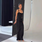 Robe Longue Dress Slim Bretelles Larges Lacet Dos Décolleté Carré Fibre Synthétique Femme Élégante Mariage Soirée Cocktail Formelle – Lacine