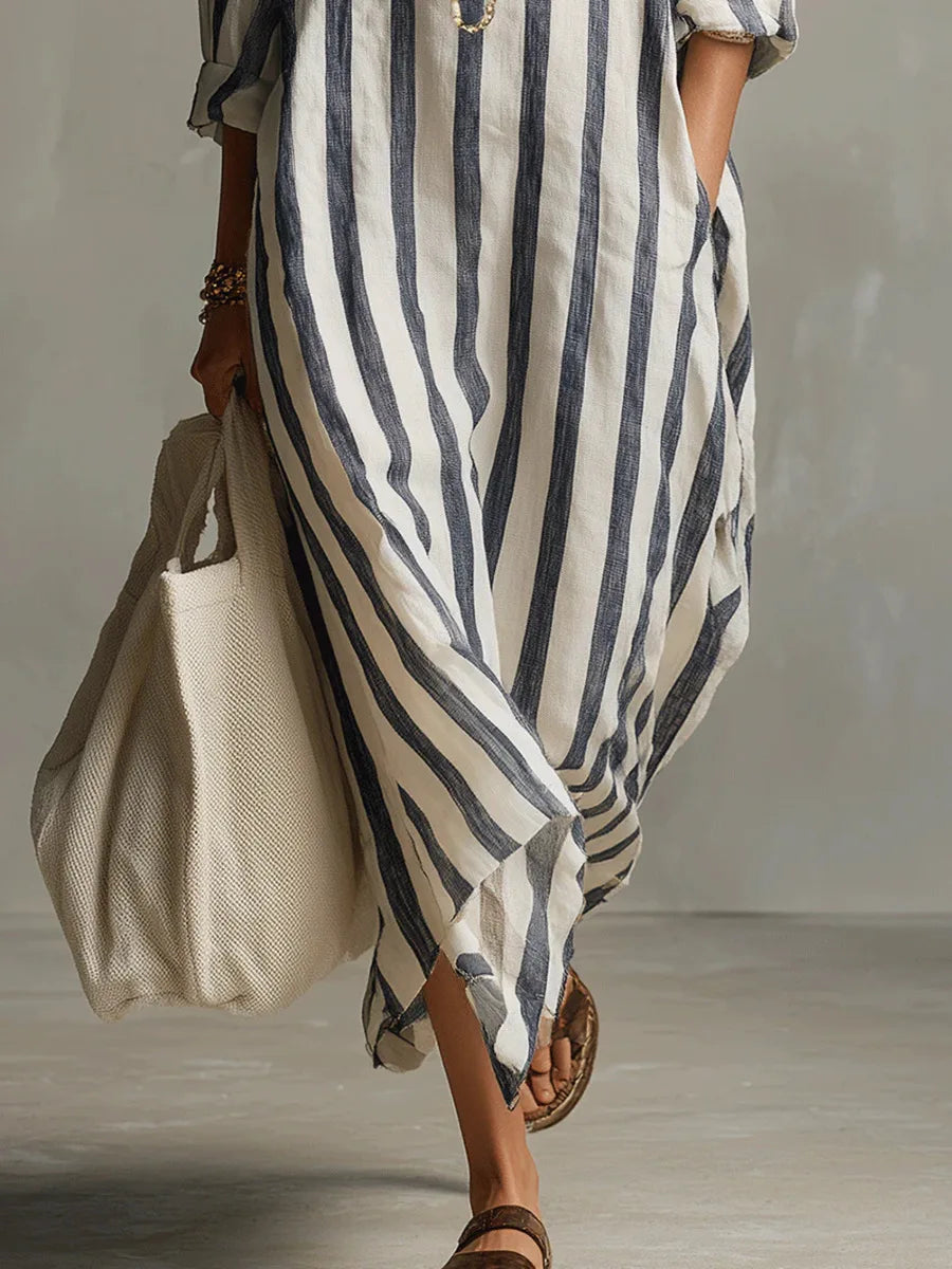 Robe Midi Chemise Femme Lin Rayé Col V Manches Trois-Quarts Ample Casual Chic Vacances Plage Week-End – Amarise