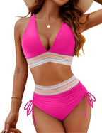 Bikini Deux Pièces Femme Taille Haute Gainante Colorblock Froncé Bretelles Réglables Coques Plage Piscine Vacances Été – Colorina