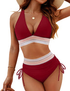 Bikini Deux Pièces Femme Taille Haute Gainante Colorblock Froncé Bretelles Réglables Coques Plage Piscine Vacances Été – Colorina