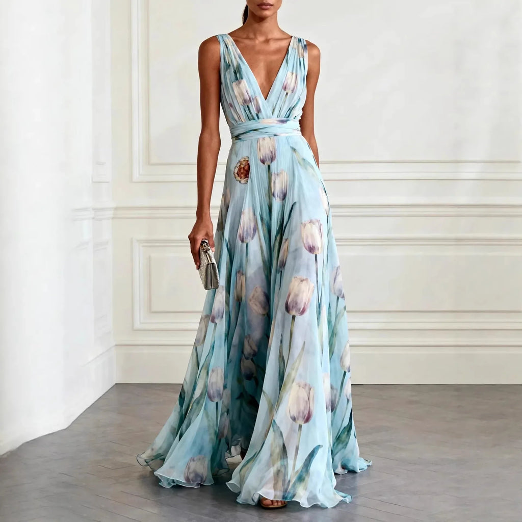 Robe Longue Femme Col V Profond Sans Manches Drapée Chiffon Imprimé Floral Mariage Soirée Garden Party Bal – Tulipane