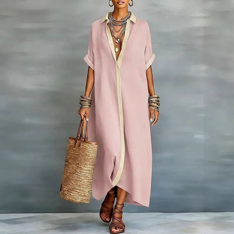 Robe Midi Femme Lin Coton Manches Courtes Col Chemise Boutonnée Casual Chic Vacances Travail Décontractée – Linnéa