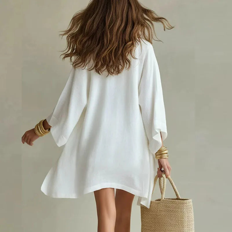 Dames driedelig set van linnen-katoen, top met V-hals, mouwloos, short met koord, kimono, casual chic, strand, vakantie – Claudine