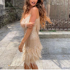 Robe Mini Élégante en Sequins avec Plumes Roses à Bretelles Spaghetti pour Soirée Cocktail