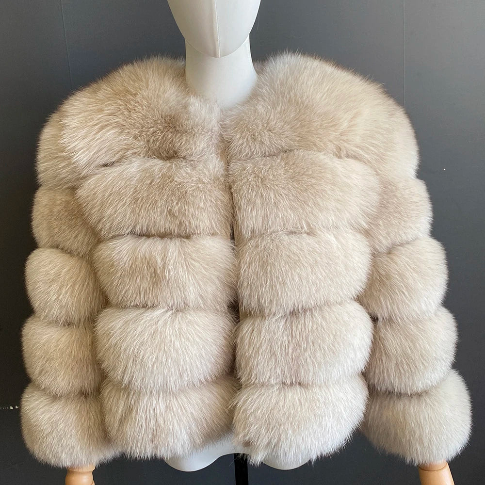 Manteau Fourrure Femme à Bandes Horizontales et Col Montant