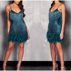 Robe Mini Élégante en Sequins avec Plumes Roses à Bretelles Spaghetti pour Soirée Cocktail