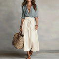 Conjunto dos piezas mujer lino blusa abotonada falda midi amplia cintura anudada bolsillos casual chic vacaciones diario – Jeanélie