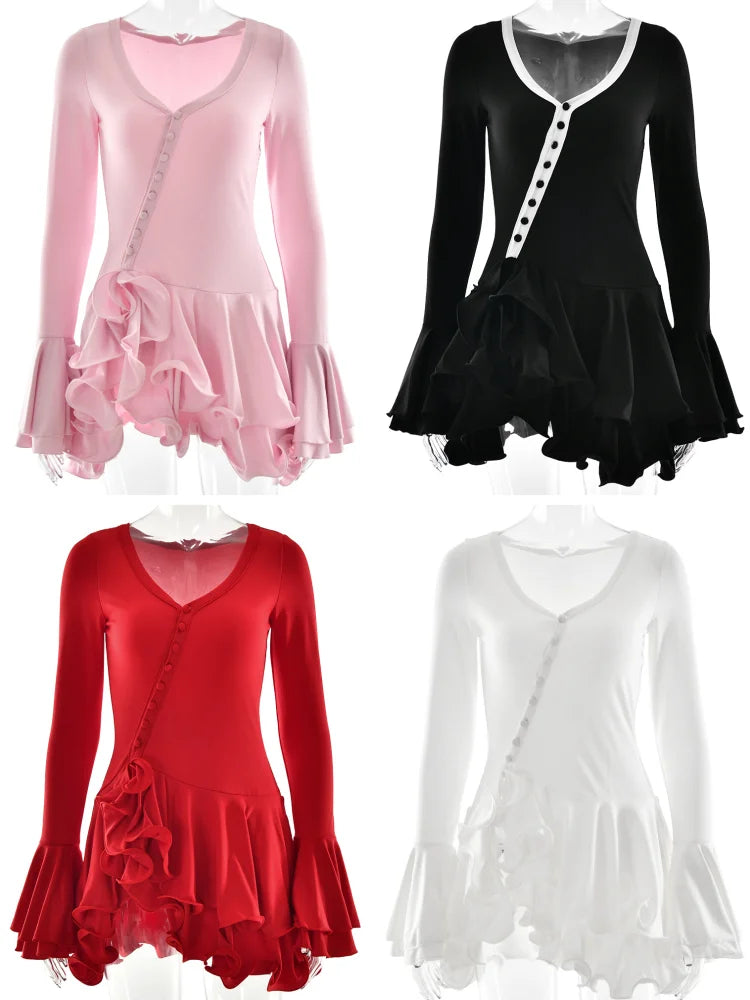 Robe Femme Mini Bodycon Plissée Décolleté V Asymétrique Boutons Manches Longues Ourlet Volants Soirée D'eté Cocktail Date Night Fête Club – Rosalie