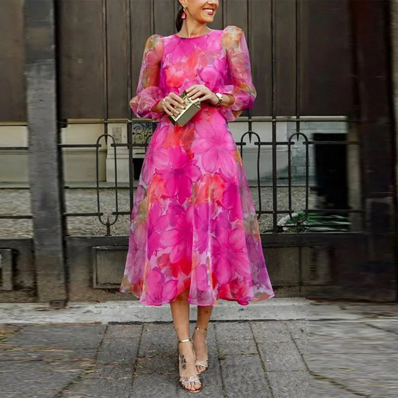 Robe Midi Florale pour Femme Invité de Mariage Manches Longues Transparentes Fluide Romantique Élégante Formelle