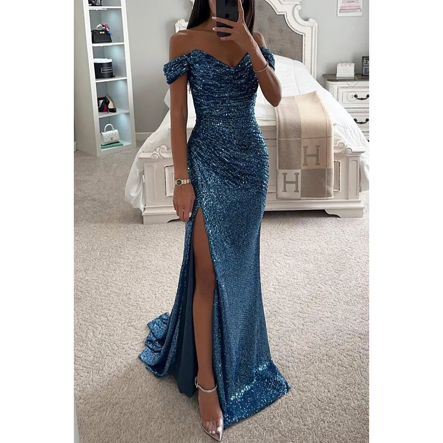 Robe de Soirée Élégante Longue à Épaules Dégagées en Sequins avec Fente – Wensilian