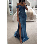 Robe de Soirée Élégante Longue à Épaules Dégagées en Sequins avec Fente – Wensilian