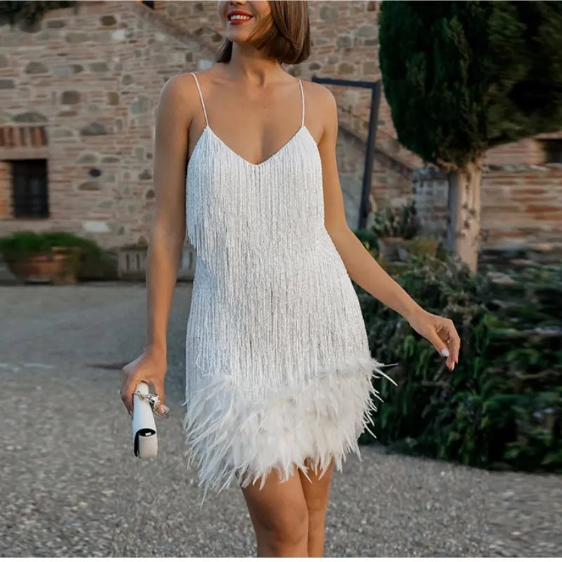 Robe Mini Élégante en Sequins avec Plumes Roses à Bretelles Spaghetti pour Soirée Cocktail