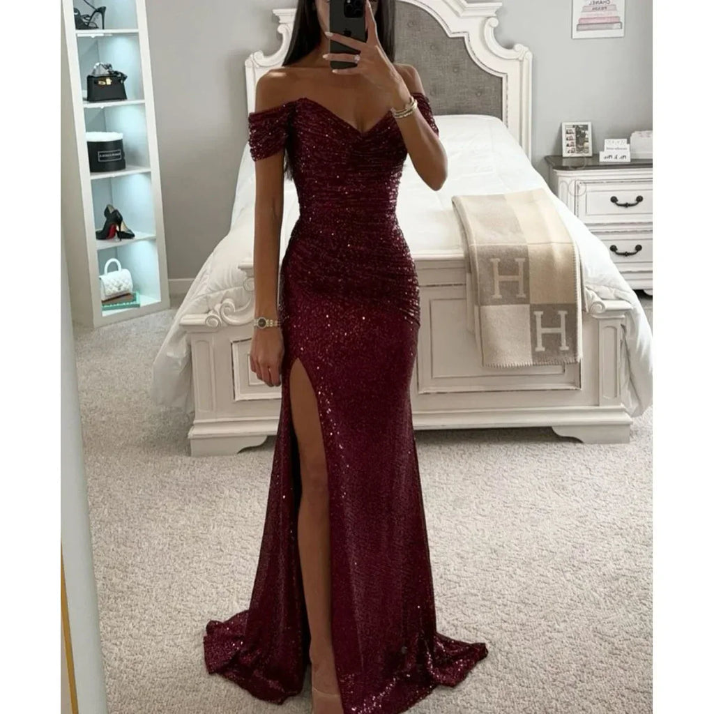 Robe de Soirée Élégante Longue à Épaules Dégagées en Sequins avec Fente – Wensilian