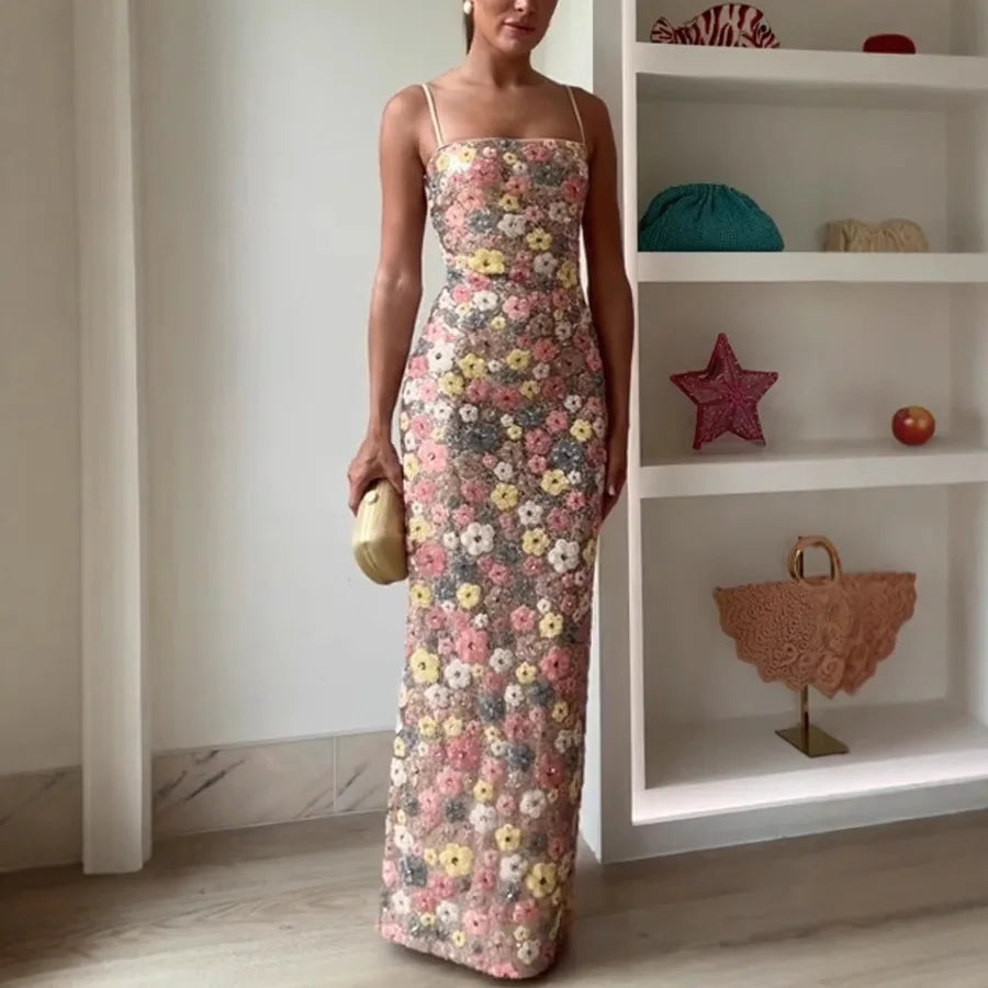 Vestido Mujer Largo Lentejuelas Flores Patchwork Sin Mangas Tirantes Bodycon Fiesta Formal Gala Cóctel Noche de Cita Boda Invitada Alfombra Roja – Aurelia