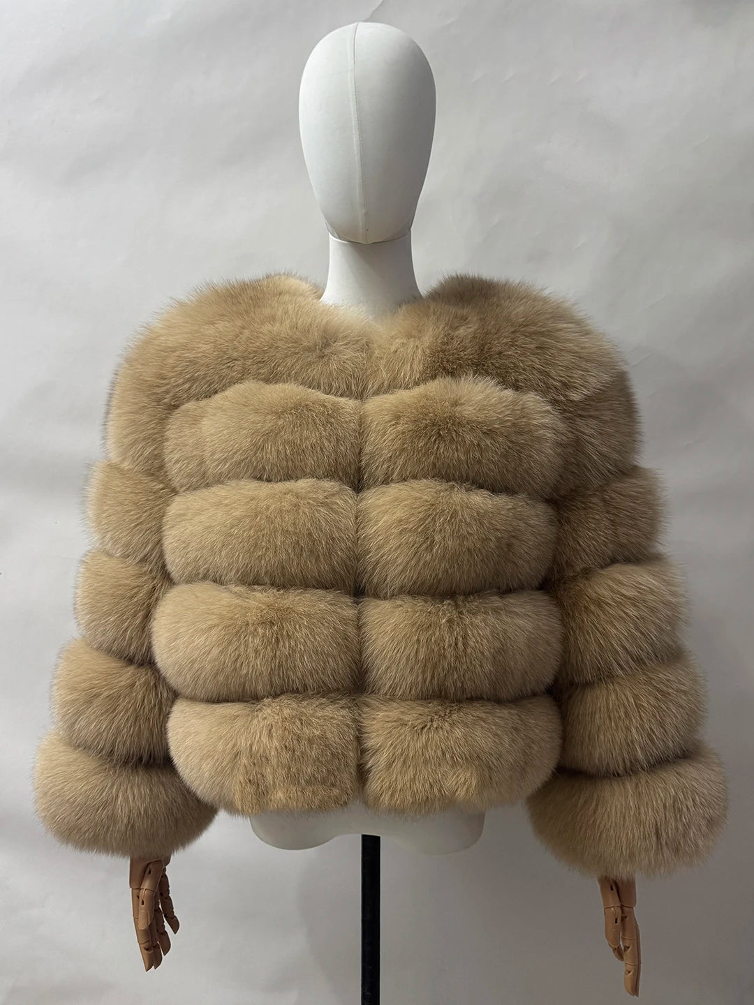 Manteau Fourrure Femme à Bandes Horizontales et Col Montant