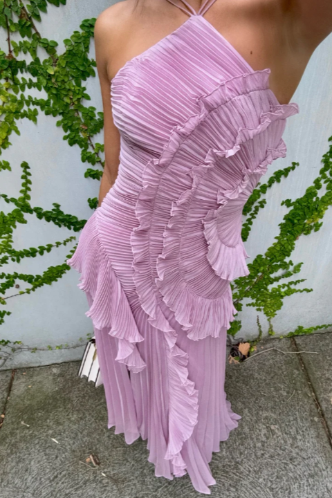 Elegante lange jurk met open rug, geplooid en zwevend, formeel, casual, bruiloftsgast, avondfeest in de tuin – Estelle