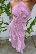 Elegante lange jurk met open rug, geplooid en zwevend, formeel, casual, bruiloftsgast, avondfeest in de tuin – Estelle