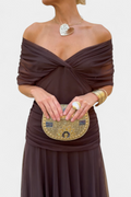 Robe Midi Élégante Femme à Épaules Dénudées, Bodice Drapé et Froncé, Florale et Féminine – Lowenna